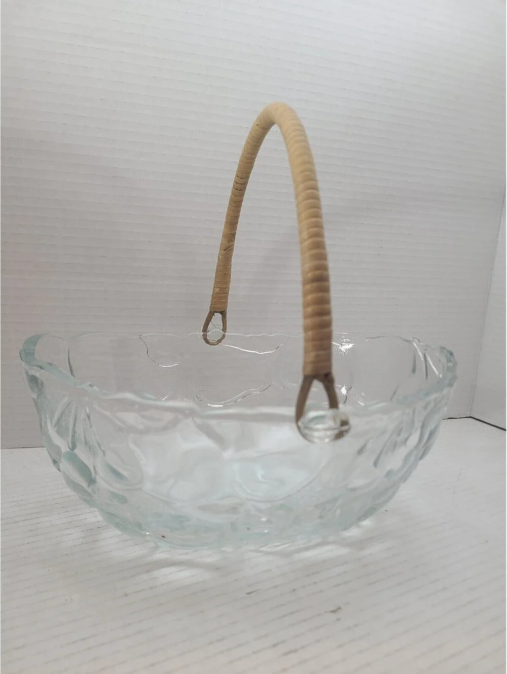 Mid Century Modern Embossed Clear Pressed Glass Fruit Basket Bowl Rattan Handle